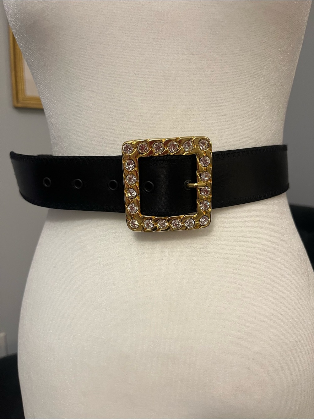 Black Wide Women's Belt with Gold Crystal-Embellished Square Buckle